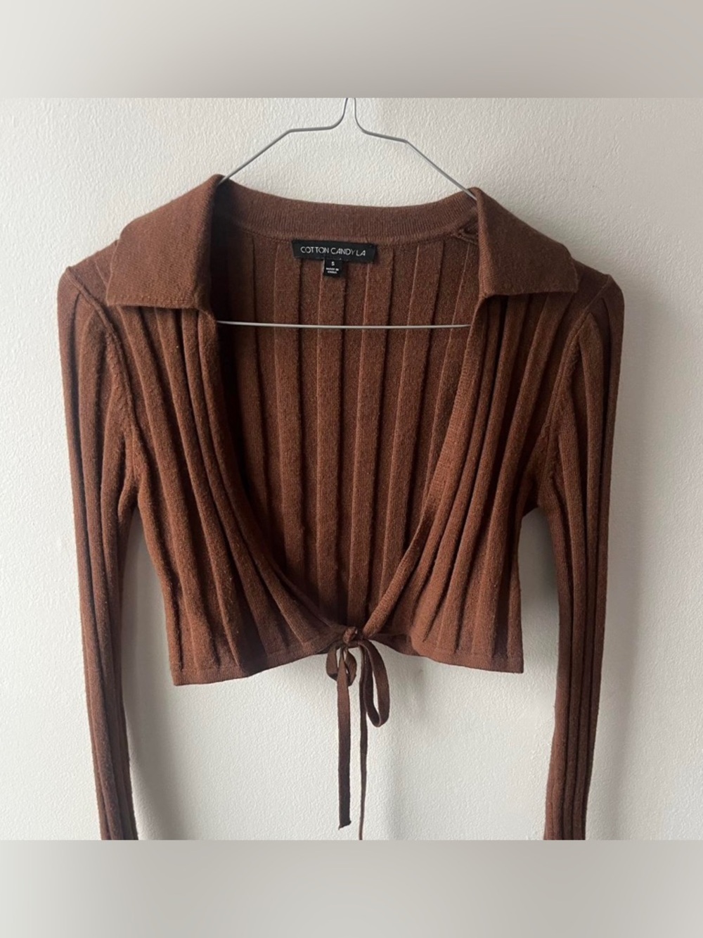 Cotton Candy LA Brown Ribbed Tie-Front Cardigan